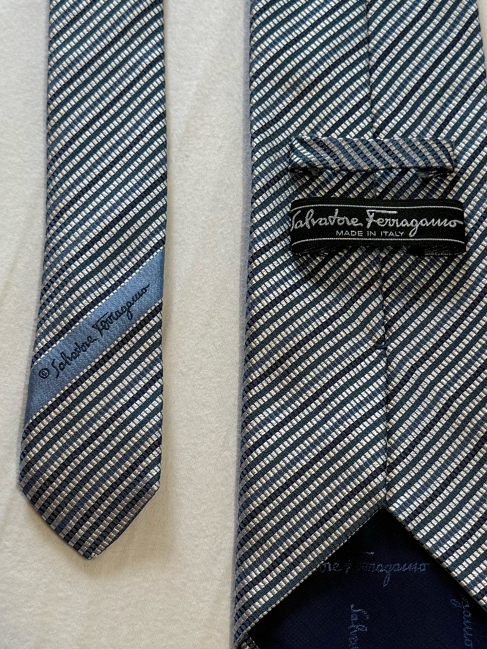 Salvatore Ferragamo Navy and Silver Diagonal Stripe Silk Tie